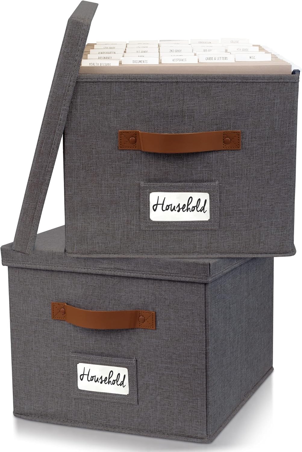 ZICOTO Decorative File Organizer Box Set of 2 - Collapsible Linen Filing Cabinets with Handles Are Perfect to Store All Your Documents & Hanging File Folders - Portable Easy Slide Crates with Lid