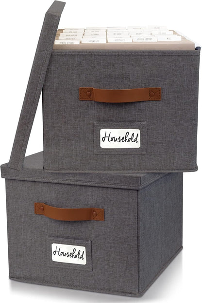 ZICOTO Decorative File Organizer Box Set of 2 - Collapsible Linen Filing Cabinets with Handles Are Perfect to Store All Your Documents & Hanging File Folders - Portable Easy Slide Crates with Lid