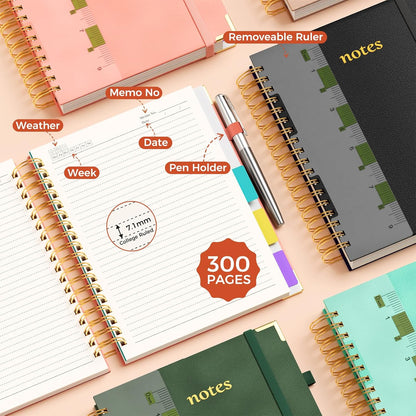 Line Hardcover Spiral Notebook with Removable Dividers Tabs & Ruler, 5 Subject Notebook College Ruled, 300 Page, Large 8"x10" B5 Notebooks for Work School, Lined Journal for Women & Men, Purple