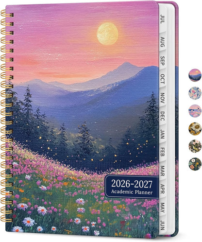 Planner 2026-2027, Academic Year Monthly and Weekly Calendar Planner, Jul 2026 - Jun 2027, Hardcover Teacher Student Planning Agenda book with Tabs, Perfect for School Office Supplies, 6.3" x 8.5" - Wildflowers