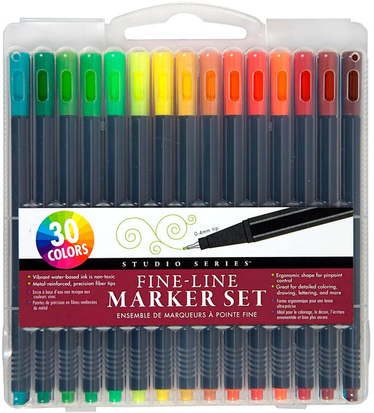 Studio Series Fine-Line Marker Set (30 vibrant colors, 0.4mm tips) (Perfect for Art Projects, Bullet Journaling, Coloring, and More)