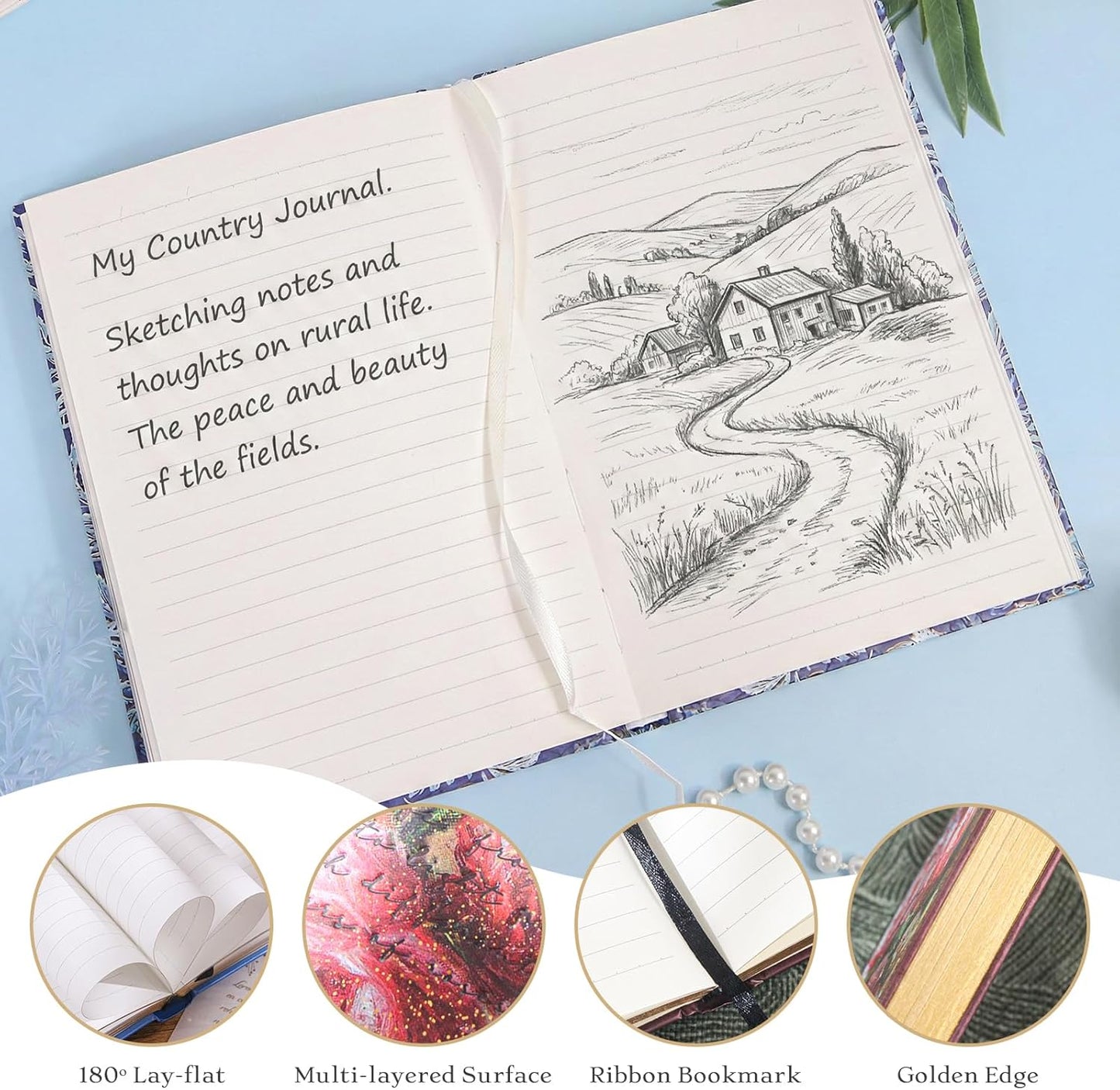 Hardcover Lined Journal - 224 Pages 100GSM Thick Paper A5 Notebook with Gilded Edges, Elegant Blue Damask Floral Pattern, Classic Aesthetic Diary for Women