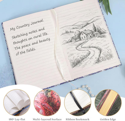 Hardcover Lined Journal - 224 Pages 100GSM Thick Paper A5 Notebook with Gilded Edges, Elegant Blue Damask Floral Pattern, Classic Aesthetic Diary for Women