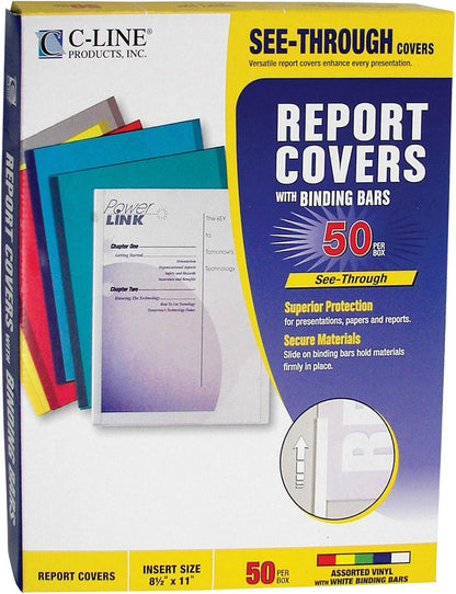 C-Line Report Covers with Binding Bars, Red Vinyl, Red Bars, 8.5 x 11 Inches, 50 per Box (32554)