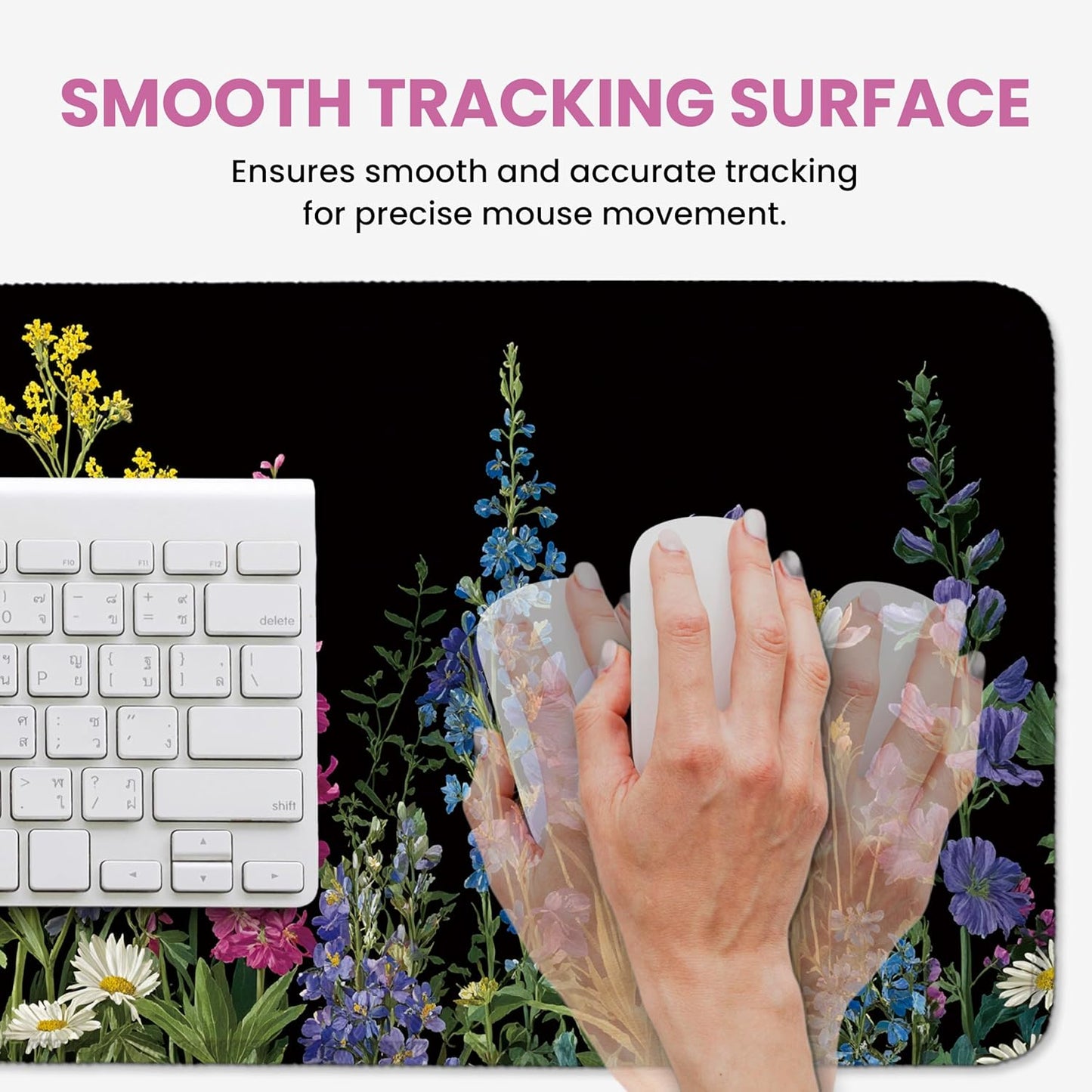 Large Mouse Pad for Desktop, Cute Desk Mat Pad Protector for Work & Gaming, Aesthetic Pretty Anti-Slip Laptop Blotter Cover for Office School Home Supplies, Wildflowers, 31.5" x 11.8"