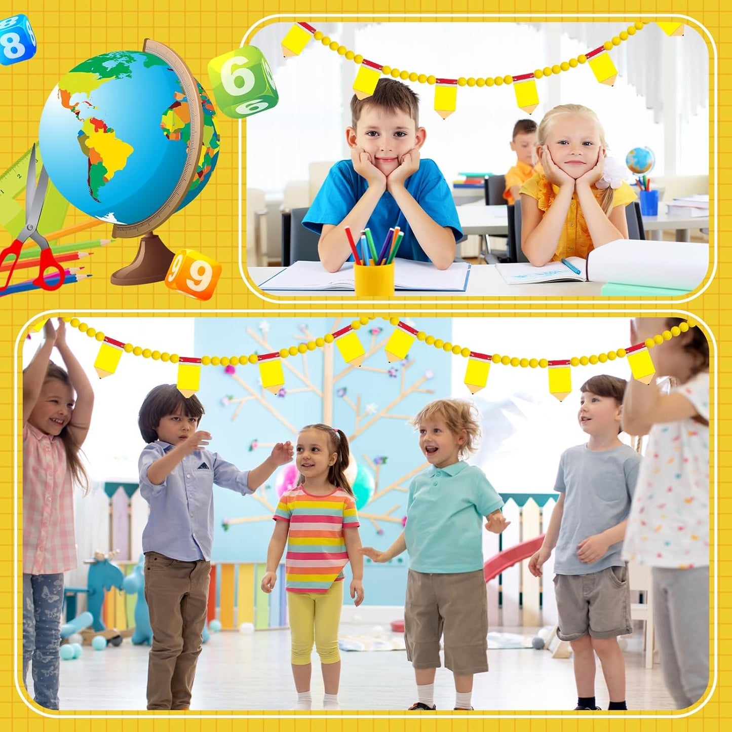 8.2 Ft Pencil Wooden Garland Graduation Yellow Pencil Banners with Cute Beads Hanging Ornaments for Kindergarten Classroom Office Home First Day of School Party Decor