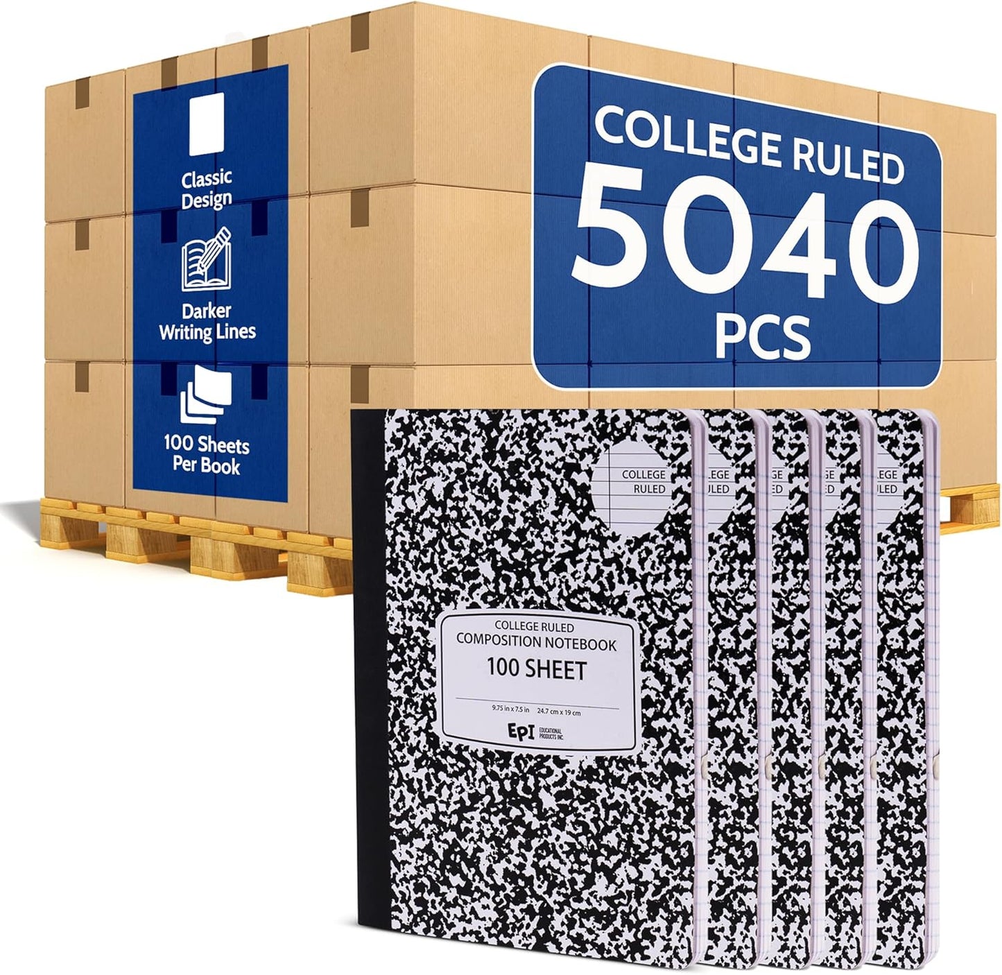 48 Pack - EPI Marble Hardcover Wide Ruled Composition Notebook | 200 Pages (100 Sheets), 9.75 x 7.5 in, Sturdy Sewn Binding | School, Office, Journaling, Notes