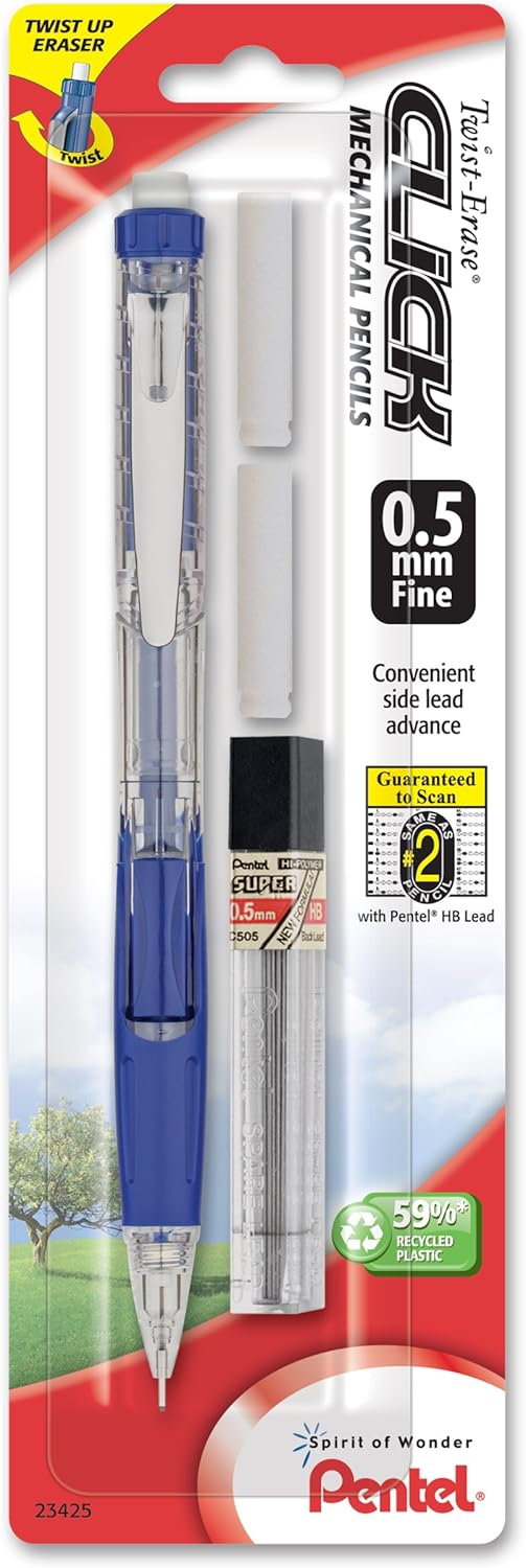Pentel Twist Erase Click Automatic Pencil with 2 Eraser Refills and Lead, 0.9 mm, Assorted Barrels, Color May Vary, 2 Pack (PD279TLEBP2)