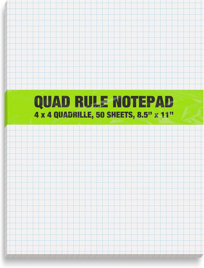 Better Office Products Graph Paper Pad, 8.5" x 11", 50 Sheets, Double Sided, White, 4x4 Blue Quad Rule, Easy Tear, Grid Paper, Graph Paper