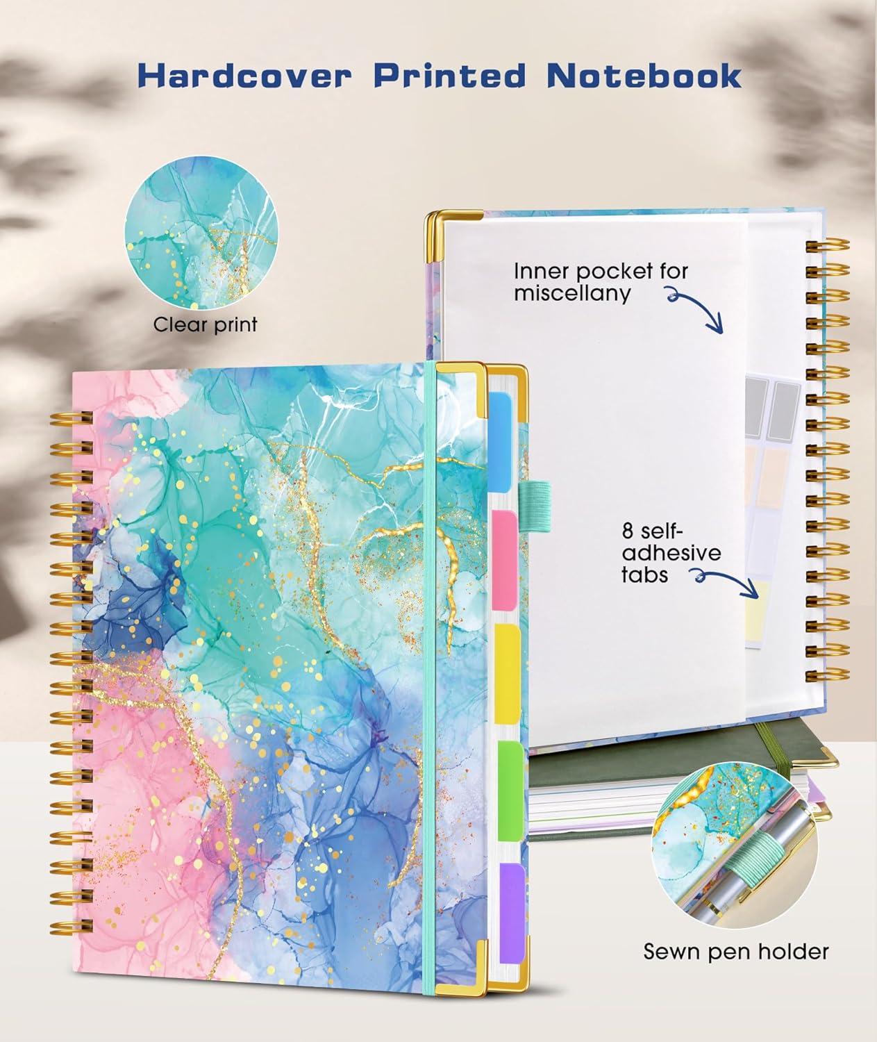 Hardcover Spiral Notebook Journal with Removable Dividers Tabs, 300 Pages Leather 5 Subject Notebook College Ruled, 8"x10" Large B5 Notebooks for Work School Note taking, Lined Journal for Women, Pink