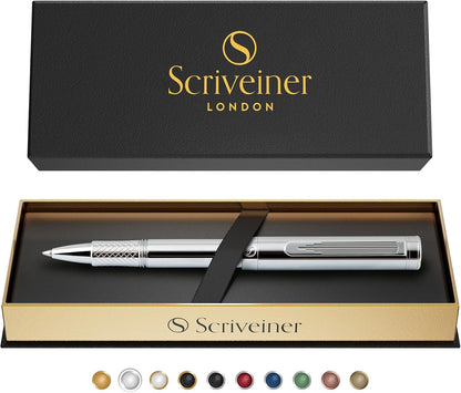Scriveiner Black Rollerball EDC Luxury Pen, Stunning Pocket Pen with Chrome Finish, Cool Writing, Best Gift for Men & Women, German Schmidt Refill, Nice Present, Fancy Office Designer Set