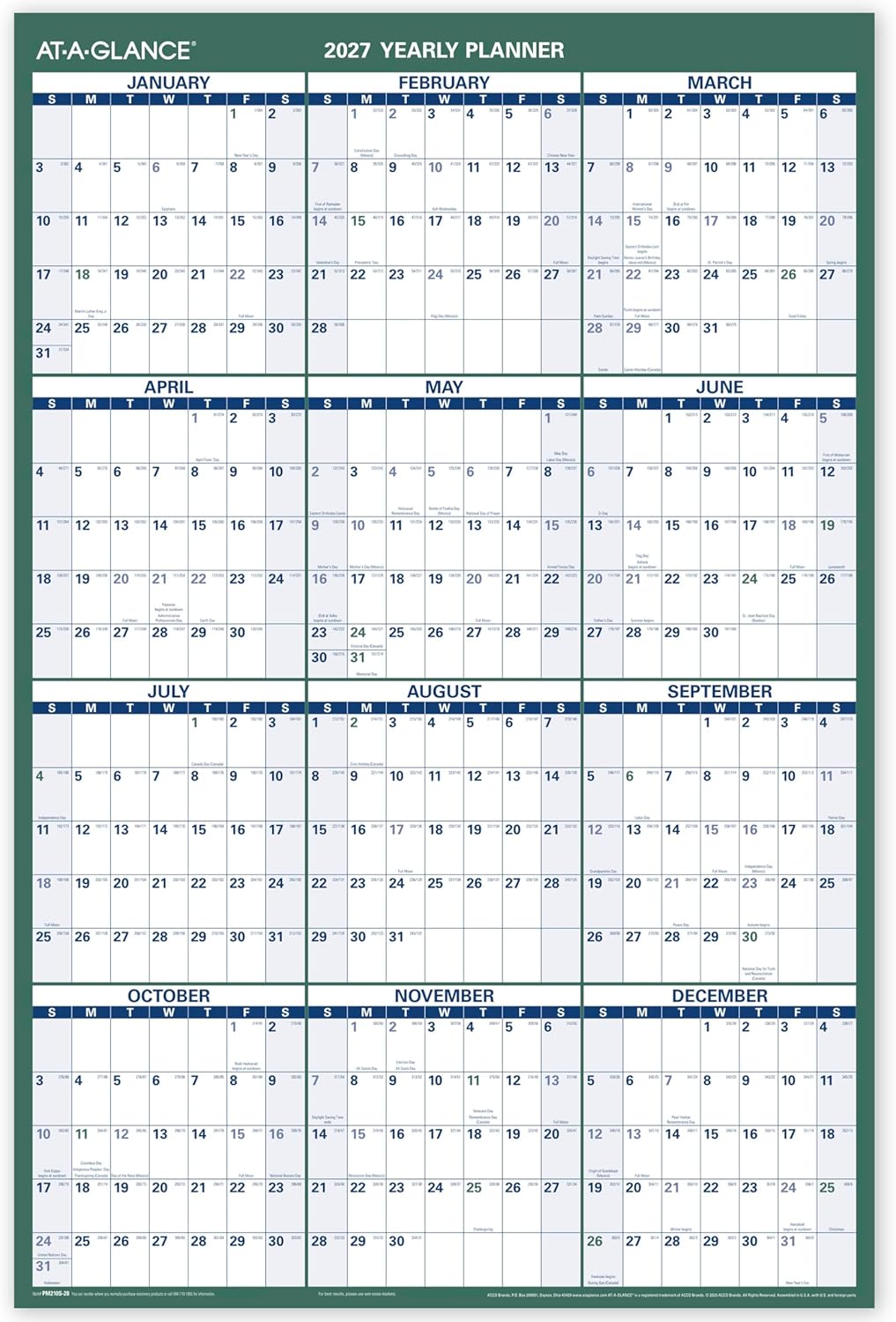 AT-A-GLANCE Dry Erase Calendar 2026-2027 Academic & Regular Year Wall Planner, 12-Month, 24" x 36", Double Sided, Vertical (PM210S28)