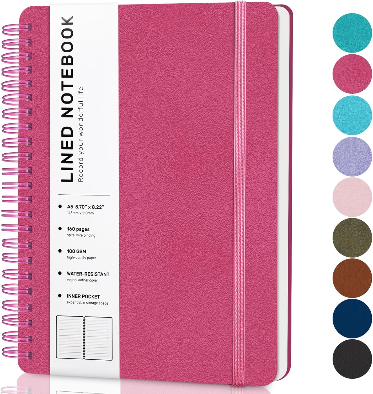 Lined Spiral Journal Notebook, A5 Hardcover Leather Notebook for Work, 5.7''×8.2'', 100GSM Thick Paper Spiral Bound Journaling Notebooks for Women & Men Office School Note Taking Business, Black
