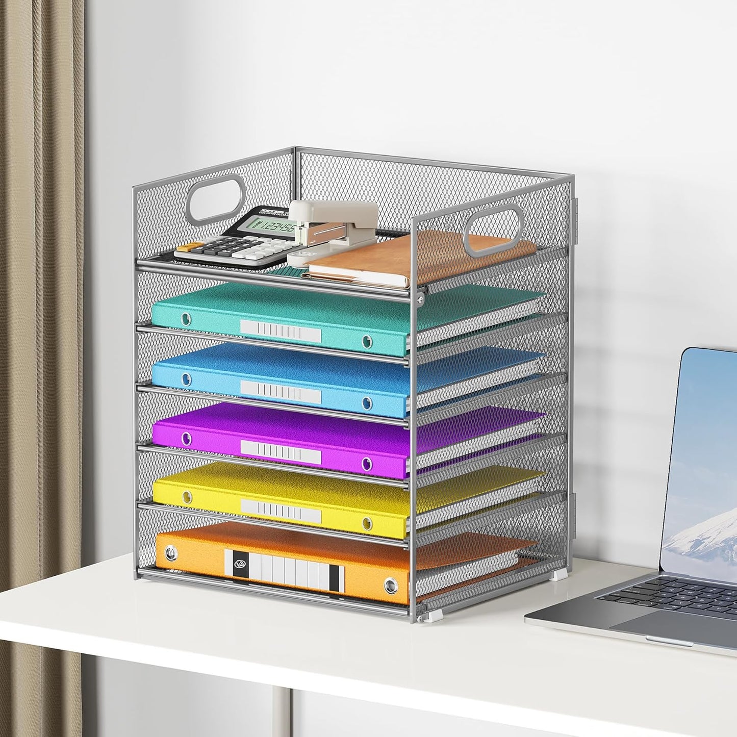 Lavatino 5 Tray Desk File Organizer, Black Mesh Paper Sorter Letter Tray Organizer with Handle, Desktop File Organizer and Storage for Letter/A4 Office File Folder
