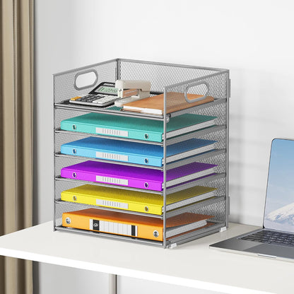Lavatino 5 Tray Desk File Organizer, Black Mesh Paper Sorter Letter Tray Organizer with Handle, Desktop File Organizer and Storage for Letter/A4 Office File Folder
