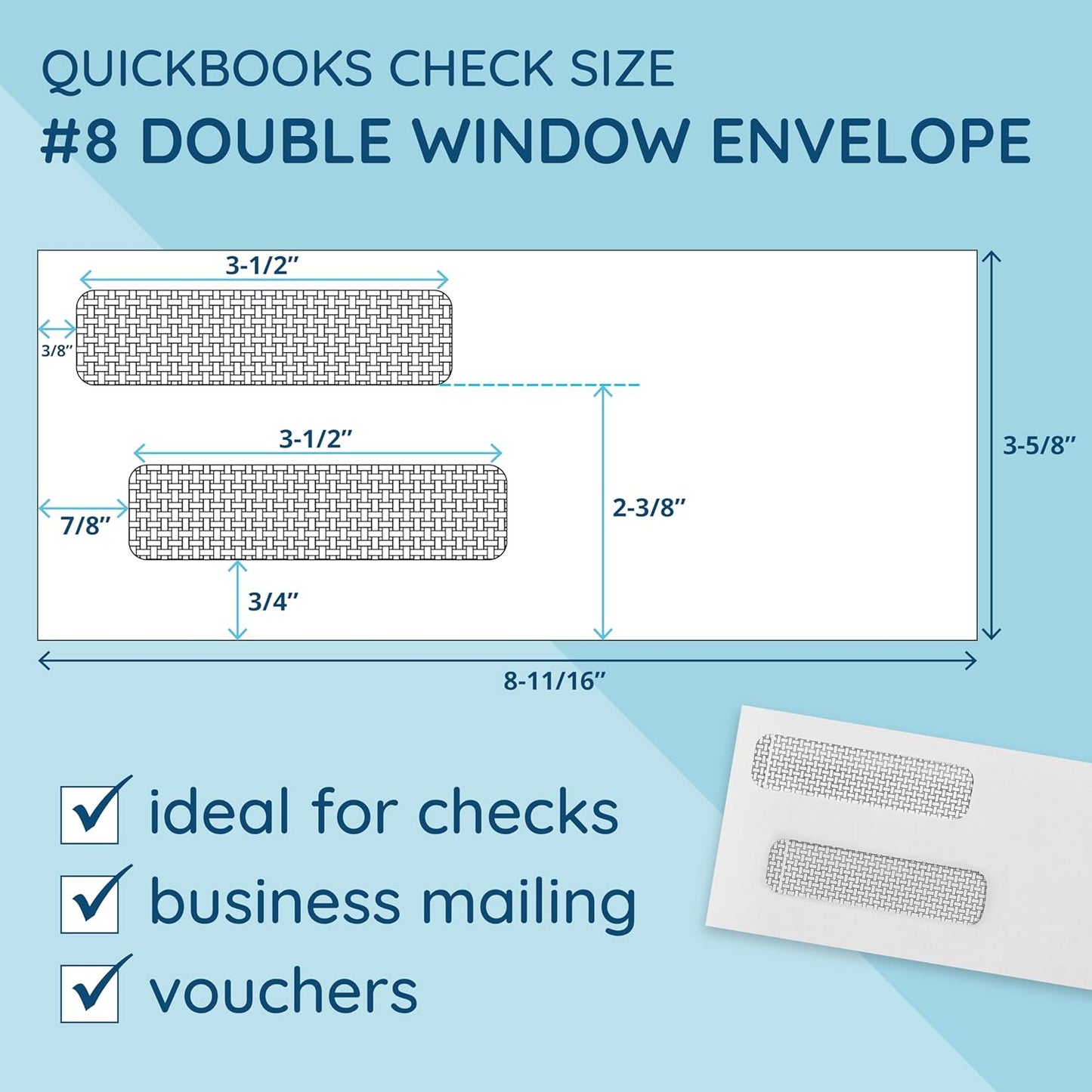 500 No. 8 Flip and Seal Double Window Security Check Envelopes - Designed for Quickbooks Printed Checks - Number 8 Size 3 5/8 Inch x 8 11/16 Inch