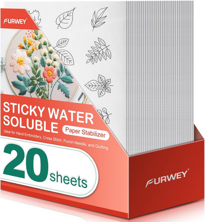 FURWEY 12PCS 8.5"x11" Wash Away Embroidery Stabilizer – Self Adhesive & Printable, Water Soluble Paper for Hand and Machine Use