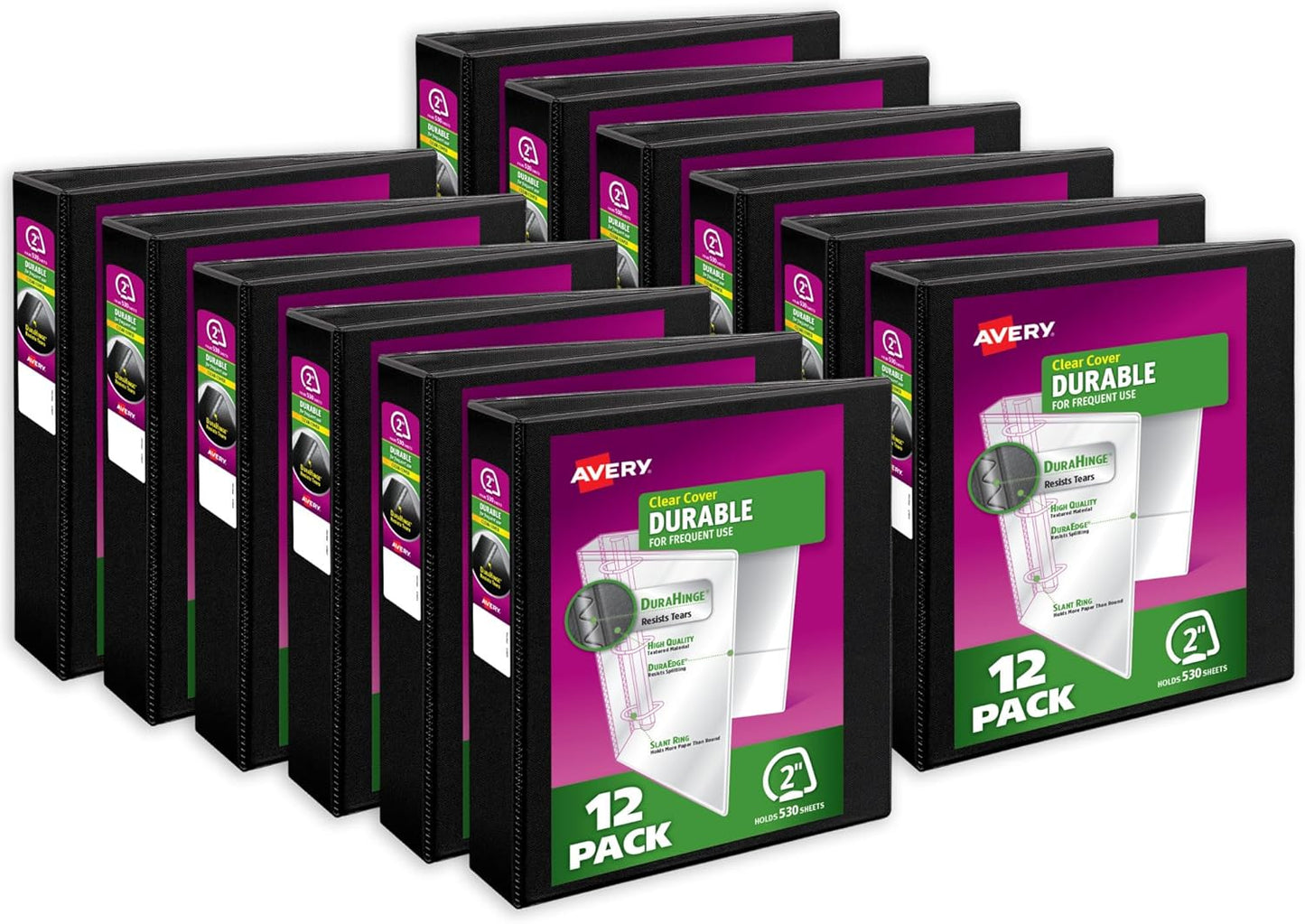 Avery Durable View 3 Ring Binders, 2 Inch Slant Rings, 530-Sheet Capacity, DuraHinge, 2.8 Inch Wide Spine, Customizable Clear Cover and Spine, Black Binders (12-Pack of 17031)