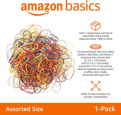 Amazon Basics Assorted Size and Color Rubber Bands, Strong Elastic Stretch Office Supplies, 0.5 lb. Variety Assortment