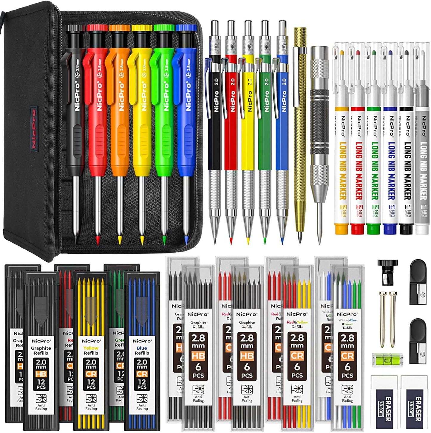 Nicpro 31 Pack Carpenter Pencil Set with Sharpener, Mechanical Carpenter Pencils with 128PCS Refills and Carbide Scribe Tool, Heavy Duty Construction Pencils for Architect Woodworking-With Canvas Case
