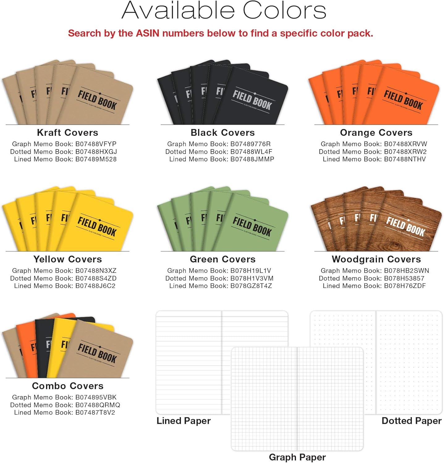 Elan Publishing Company Field Notebook/Pocket Journal - 3.5"x5.5" - Combination of Kraft, Black, Orange, Yellow - Graph Memo Book - Pack of 5