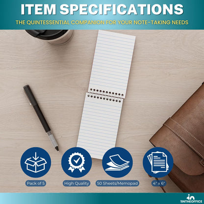 1InTheOffice Wirebound Memo Pads, 4" x 6", College, Assorted, 50 Sheets/Pad, (5 Pads)