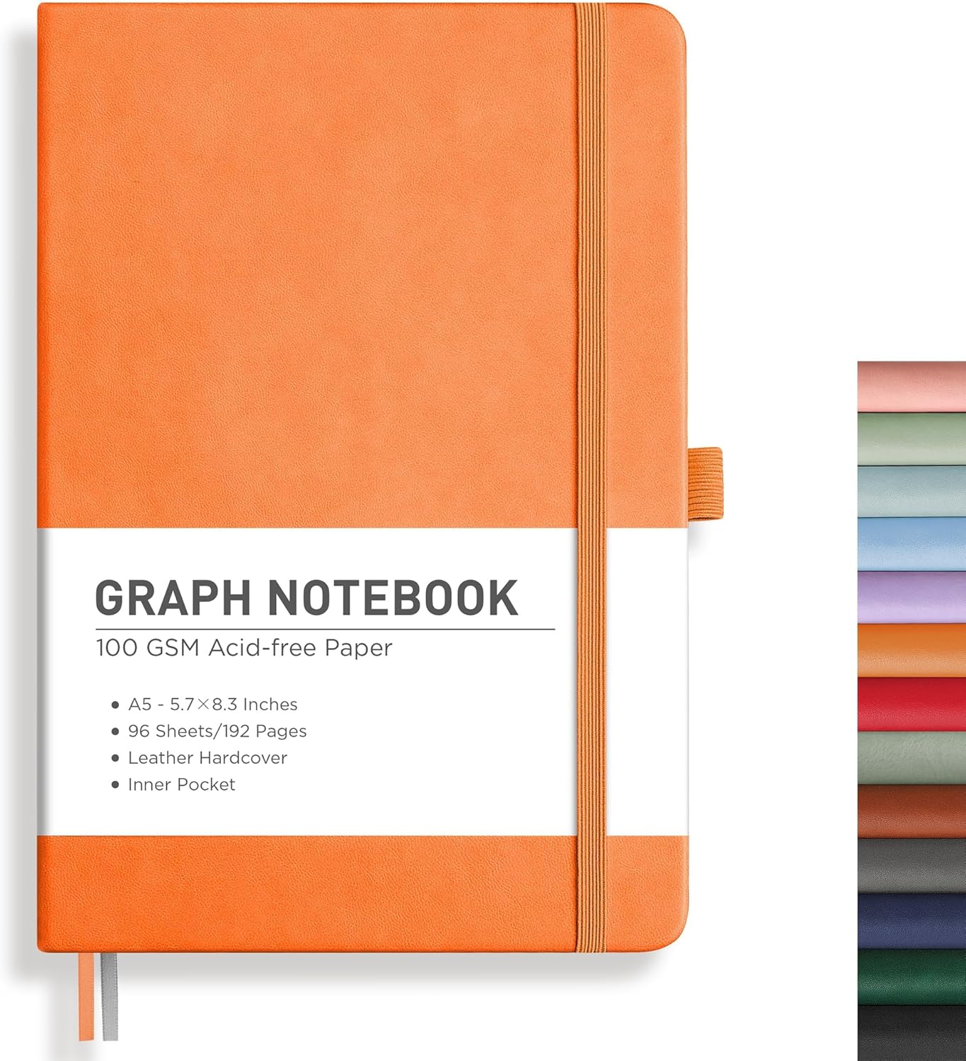 RETTACY Graph Grid Paper Notebook, 192 Pages, A5 Medium Size (5.7'' x 8.3''), 5 Squares per Inch, Leather Hardcover, 100 GSM Thick Paper, for School, Students, Math, Engineering (Brown)