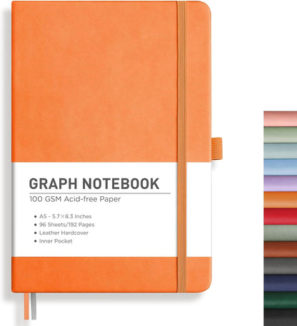 RETTACY Graph Grid Paper Notebook, 192 Pages, A5 Medium Size (5.7'' x 8.3''), 5 Squares per Inch, Leather Hardcover, 100 GSM Thick Paper, for School, Students, Math, Engineering (Brown)