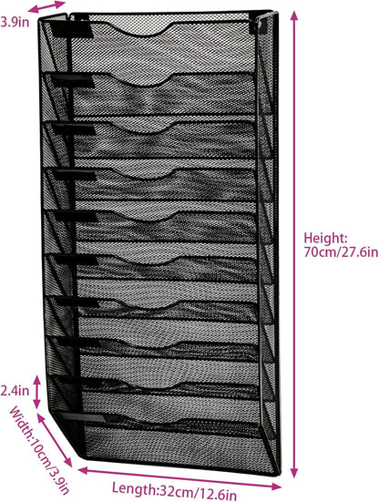 1 Pocket Mesh Wall File Holder Organizer Office Hanging File Folder Magazine Rack, Nametag Label Hooks Set Included (Black)
