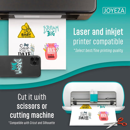 JOYEZA Premium Printable Vinyl Sticker Paper for Inkjet Printer - 25 Sheets Glossy White Waterproof, Dries Quickly Vivid Colors, Holds Ink Well - Inkjet & Laser Printer