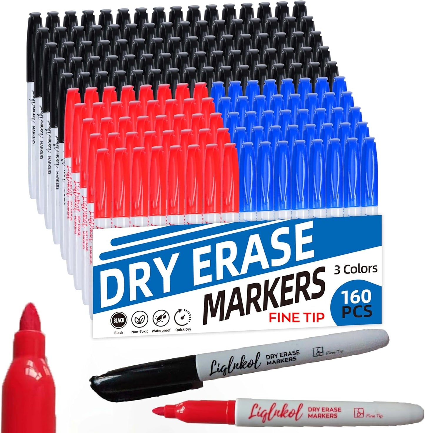 Fine Tip Dry Erase Markers 160 Pack Bulk, Black Red Blue Markers (80/40/40), Low Odor Perfect for Writing on Glass or Home School Office