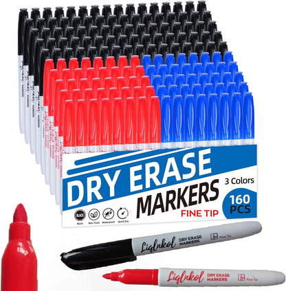 Fine Tip Dry Erase Markers 160 Pack Bulk, Black Red Blue Markers (80/40/40), Low Odor Perfect for Writing on Glass or Home School Office