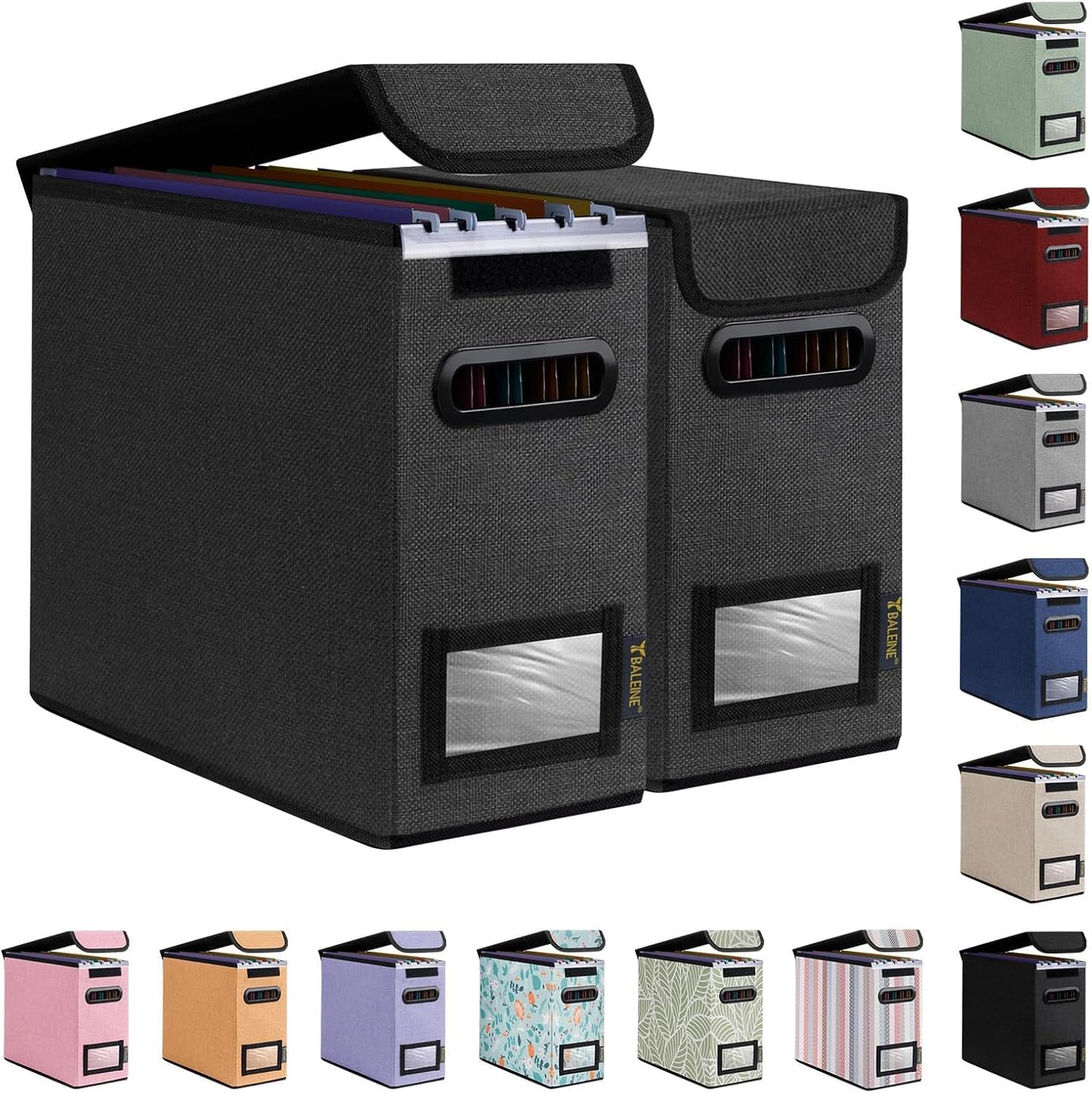 BALEINE File Organizer Box with Lid, Collapsible File Folder Organizer with Plastic Slide, Hanging File Folder Box for Office Document Storage (1 Pack, Black)