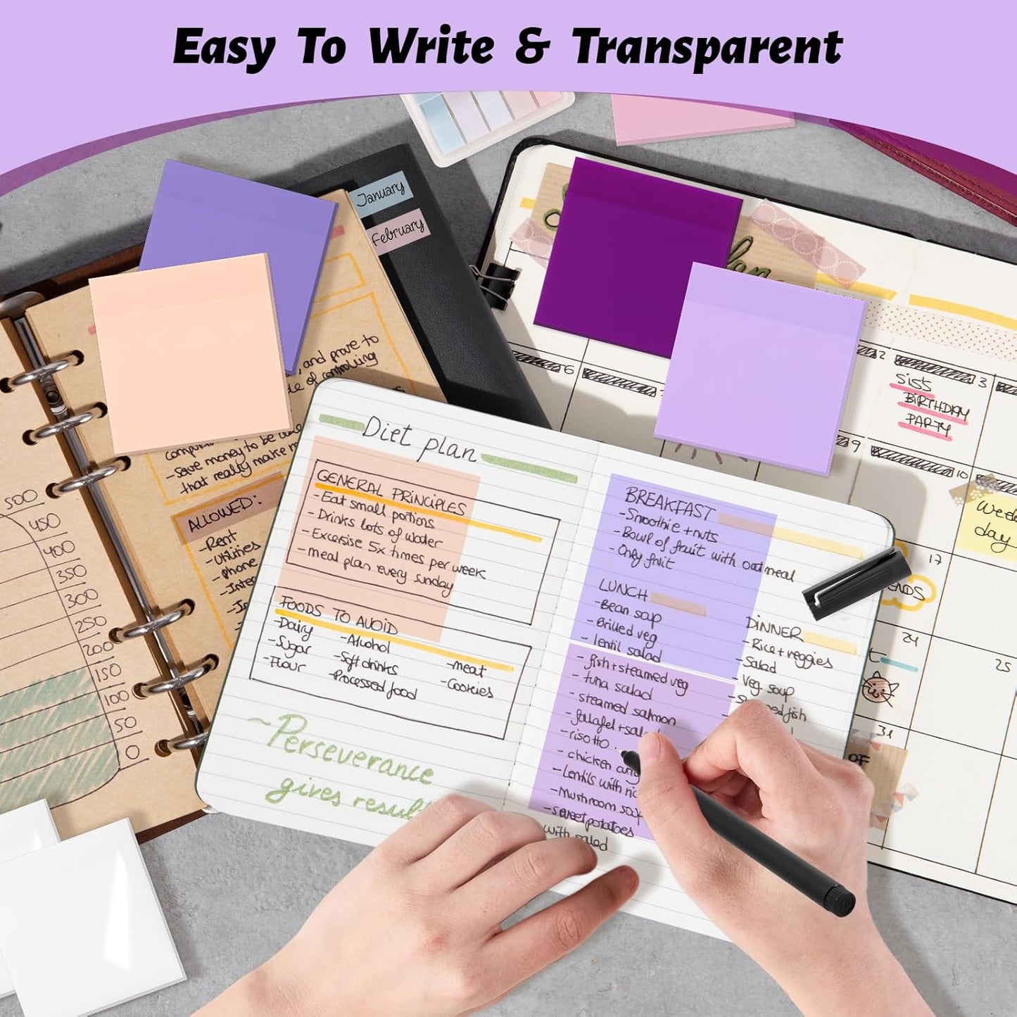 800 Sheets Transparent Sticky Notes, 3x3 Inch 14 Pads Self-Adhesive Translucent Clear See Through Post Sticky Notes for Planner Office School College Teacher Student Supplies 6 Bright Color
