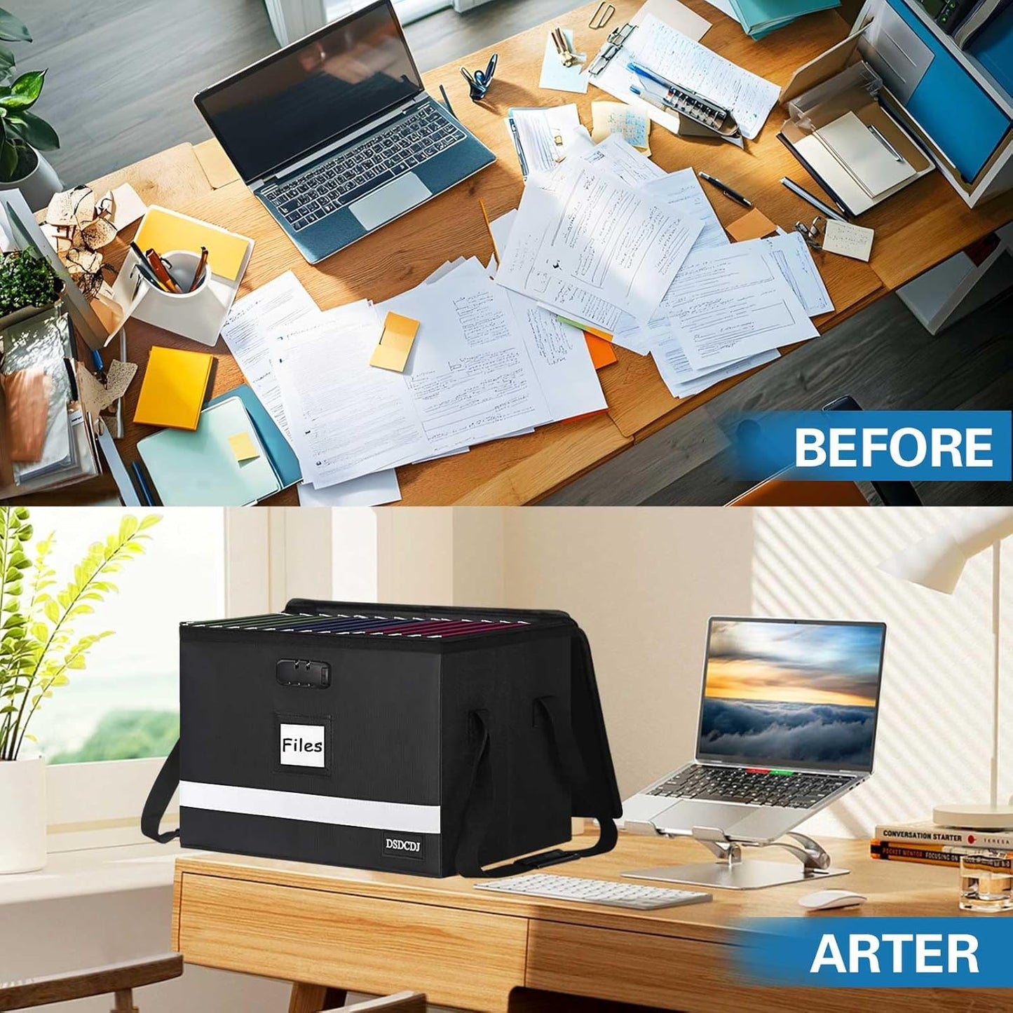 File Box with Lock - Portable File Organizer Box with Handle, Sturdy Important Document Organizer with Label, Slide, Reflective Strip for Hanging Letter/Legal Folder