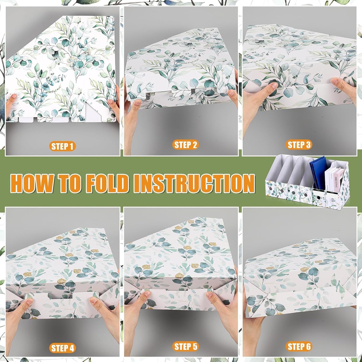 PerKoop 6 Pcs Decorative Magazine File Holders Floral Foldable File Folders Magazine Storage Boxes Rack Desk Organizer Documents with Printable Labels for School Office Home (Floral)