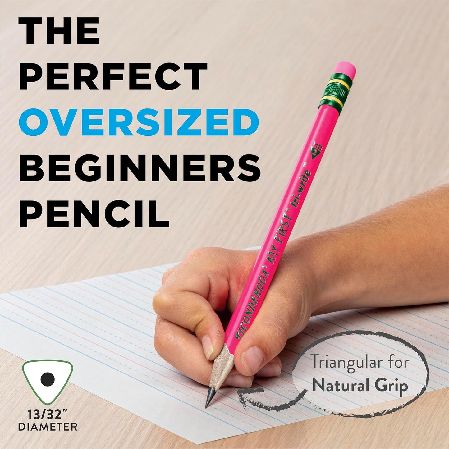 Ticonderoga My First Tri-Write Wood-Cased Pencils, Pre-Sharpened, 2 HB, With Erasers, Neon Colors, 12 Count