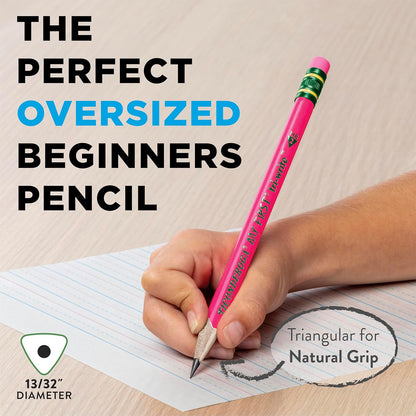 Ticonderoga My First Tri-Write Wood-Cased Pencils, Pre-Sharpened, 2 HB, With Erasers, Neon Colors, 12 Count