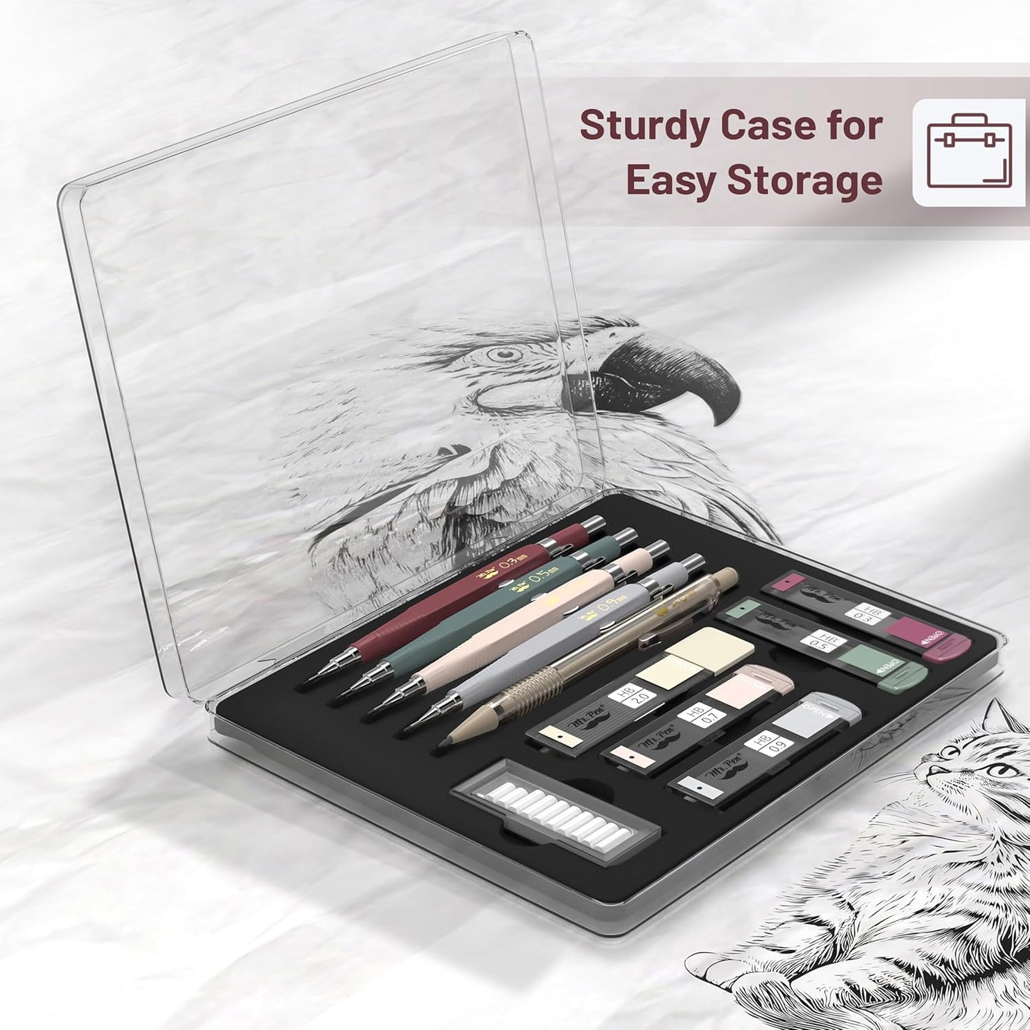 Mr. Pen- Art Mechanical Pencil Set, 5 Vintage Mechanical Pencils (0.3, 0.5, 0.7, 0.9, 2.0mm), 5 HB Lead Refills & 10 Eraser Refills, Precision Drawing Pencils for Sketching, Writing & Artwork