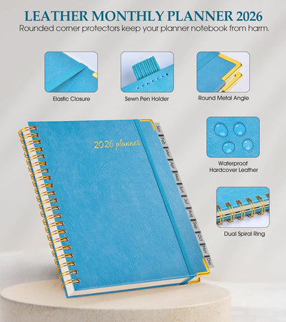 2026 Planner, Weekly and Monthly Calendar Planner from January 2026 - December 2026, 8.5" x 11" Hardcover Leather Hourly Appointment Book with Tabs, Spiral Daily Planners for School Work Home, Green
