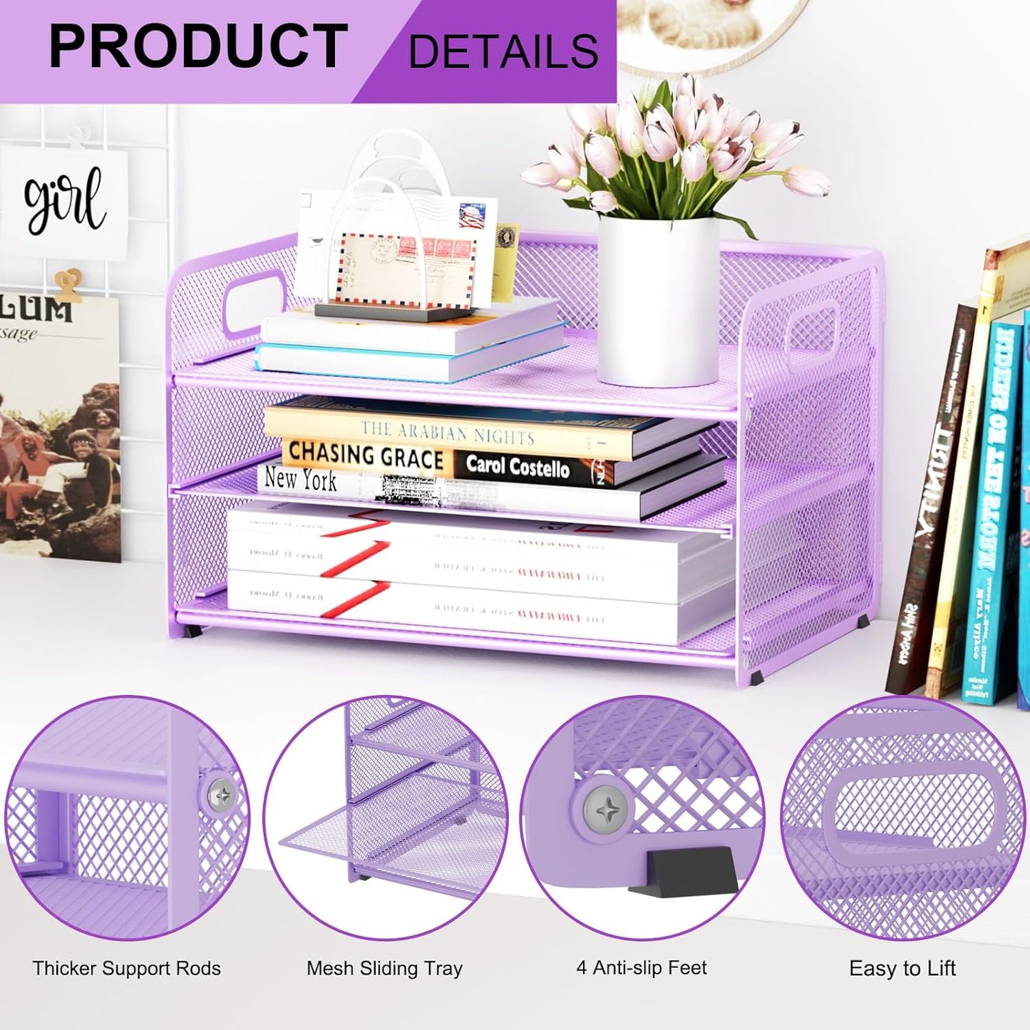 3 Tier Paper Letter Tray Organizer for Desk, Mesh File Folder Document Organizer with Handle for Home Office Supplies Desktop Accessories, Pink