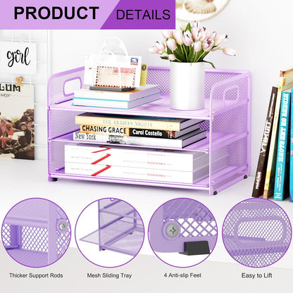 3 Tier Paper Letter Tray Organizer for Desk, Mesh File Folder Document Organizer with Handle for Home Office Supplies Desktop Accessories, Pink