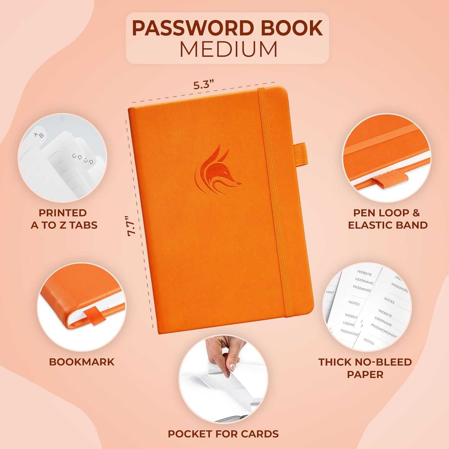 Clever Fox Password Book with alphabetical tabs. Internet Address Organizer Logbook. Small Pocket Password Keeper for Website Logins (Orange)