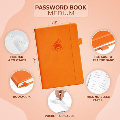 Clever Fox Password Book with alphabetical tabs. Internet Address Organizer Logbook. Small Pocket Password Keeper for Website Logins (Orange)