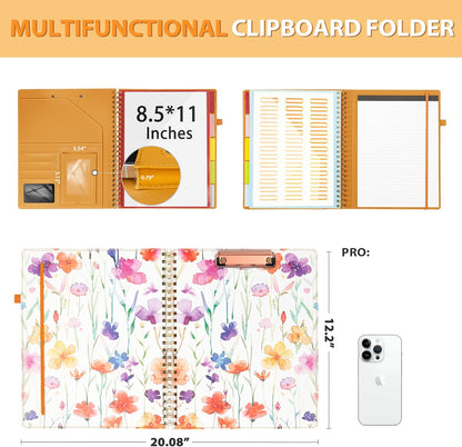 Ospelelf Clipboard with Storage for Women, Leather Padfolio Portfolio Organizer 5 Folders with 10 Pockets, Spiral Clipboard Folio with Notepad for Letter Size, Elastic Closure and Pen Loop Floral