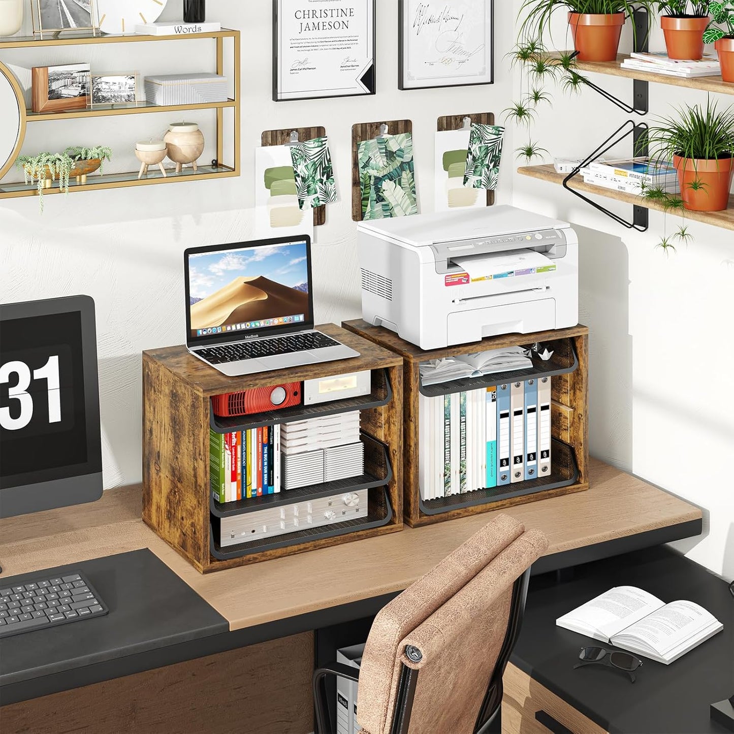 Simple Trending Desk File Organizers, 4-Tier Letter Tray Paper Organizer with File Holder, Wooden Paper Sorter for Office Supplies, White