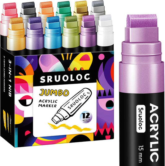 SRUOLOC 12 Colors Jumbo Markers, 15mm Jumbo Felt Tip, Acrylic Paint Markers for Rock Painting, Poster, Stone, Ceramic, Glass, Wood, Canvas