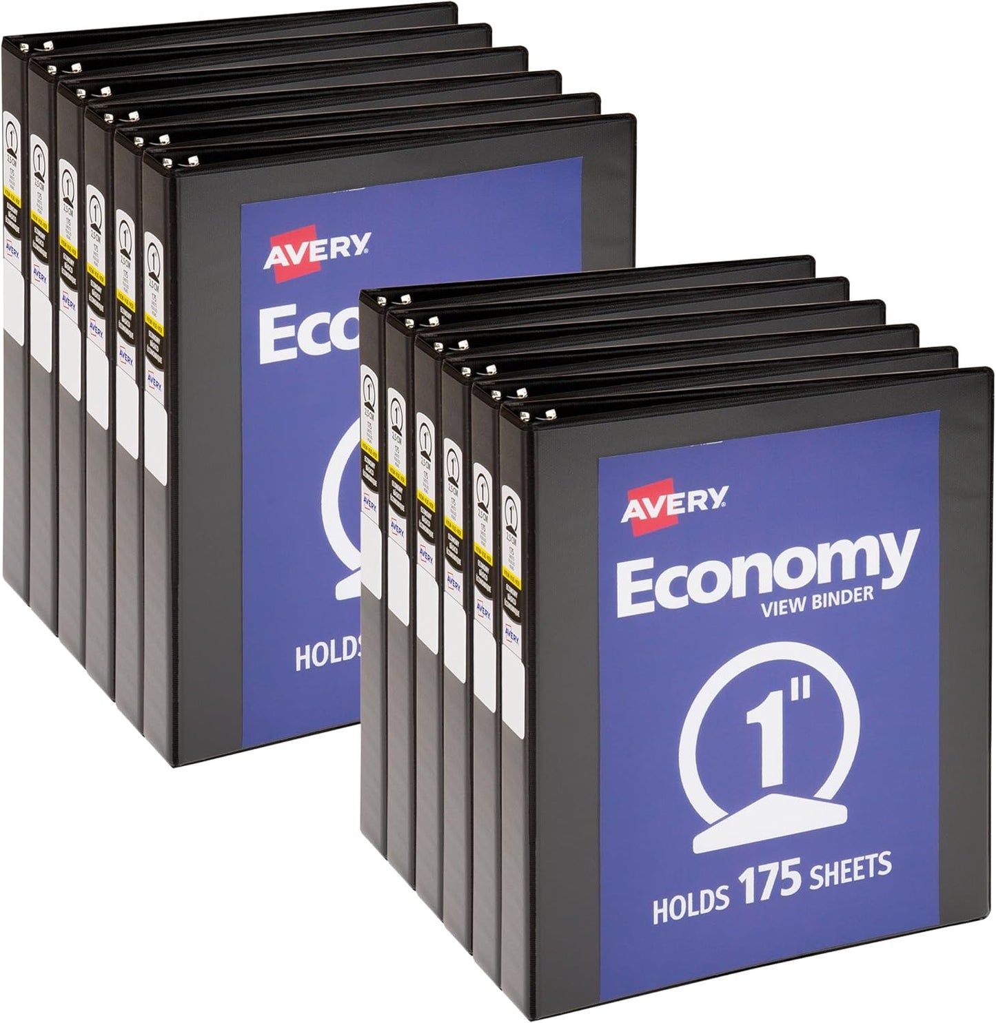 Avery Standard View 3 Ring Binders, 0.5" Round Rings, 100-Sheet Capacity, 0.7 Inch Wide Spine, Black Binders, Ideal for Lightweight Organization and Occasional Referencing (12-Pack of 05705)