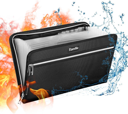 Tamfile Fireproof Accordion File Organizer with Handle, 13 Pocket Transparent Expanding File Folder with Zipper & Labels, File Folder with Multi-Pockets Paper Organizer Folder for Letter A4 Files