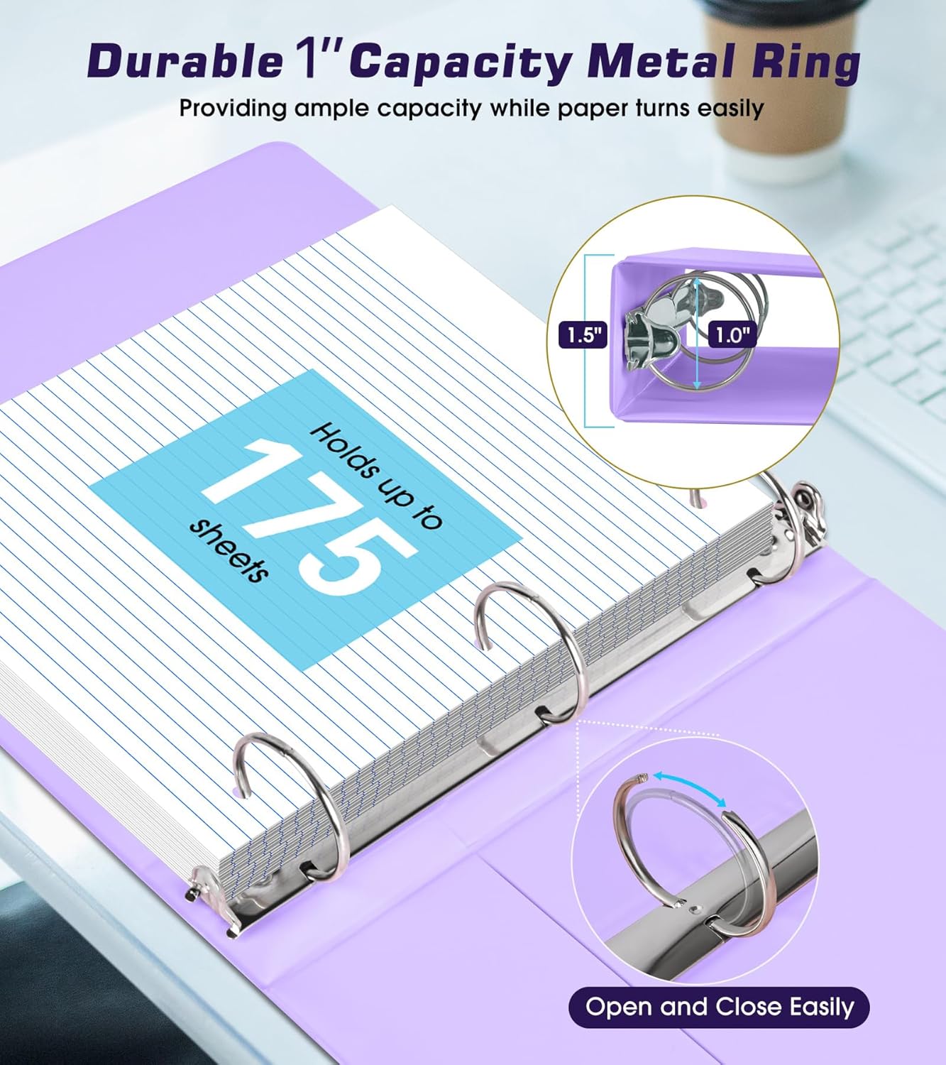 3 Ring Binder 1.5 inch，Cute Binder Organizer with 5 Tab Dividers Fits 175 Sheets of 8.5x11 Paper,Customizable Clear Cover with Inside Pockets,Aesthetic 1.5" Three Ring Binders for School Office,Purple